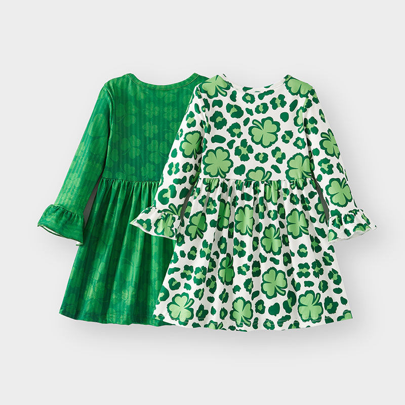 (In Stock A3-4-3)Girls St.Patrick's Day Shamrock Print Dress 2pcs