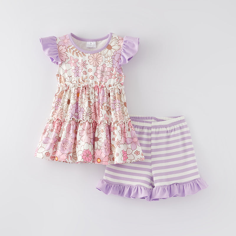 (In Stock E30-3-3)Girls Spring and Summer Pink Floral Print Shorts Set