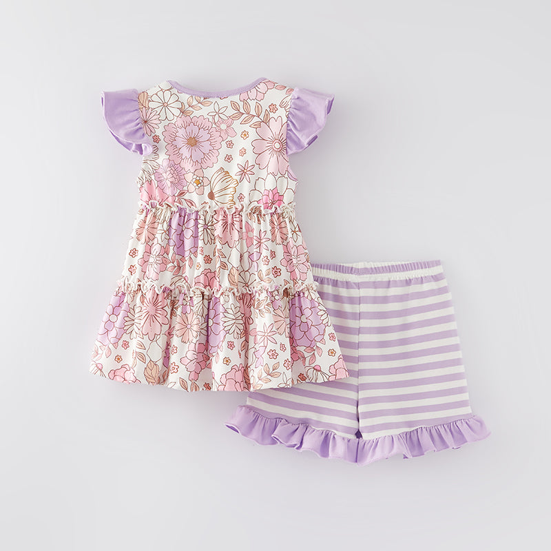 (In Stock E30-3-3)Girls Spring and Summer Pink Floral Print Shorts Set