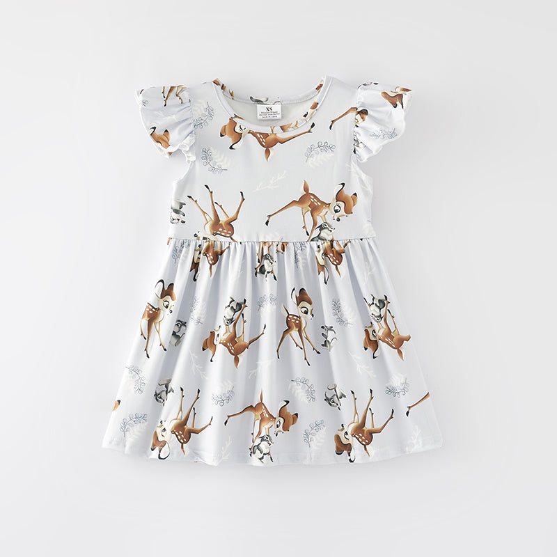 (In Stock)Girls Spring and Summer Deer Print Flying Sleeve Dress