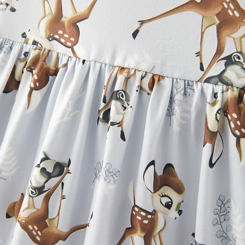 (In Stock)Girls Spring and Summer Deer Print Flying Sleeve Dress