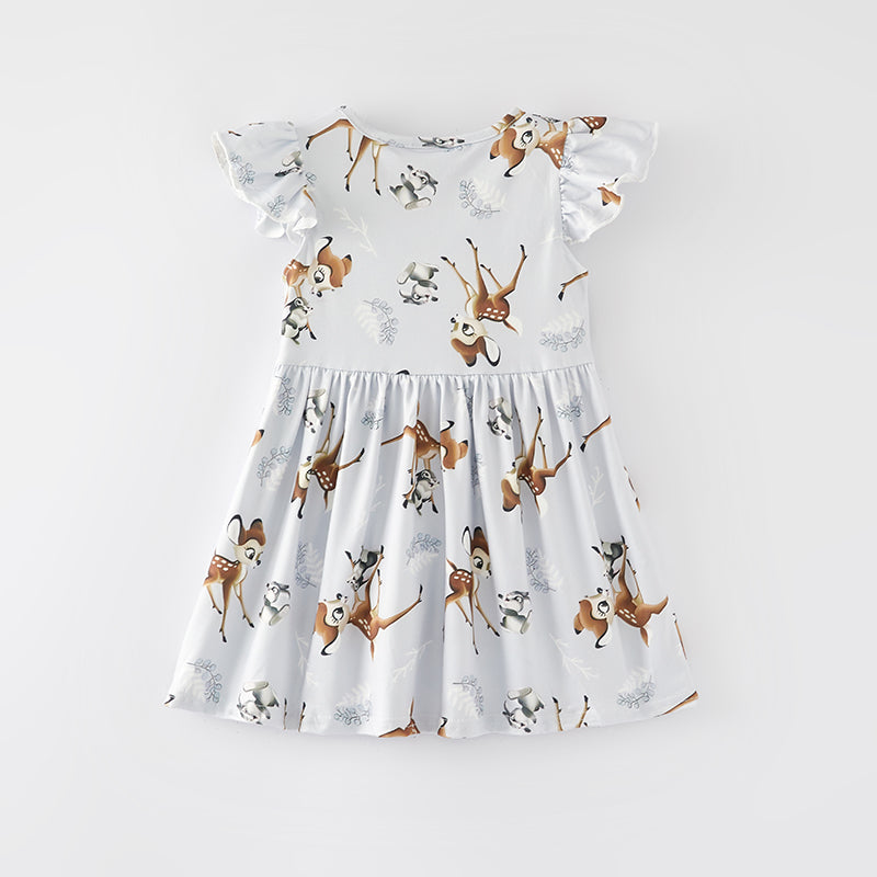(In Stock)Girls Spring and Summer Deer Print Flying Sleeve Dress
