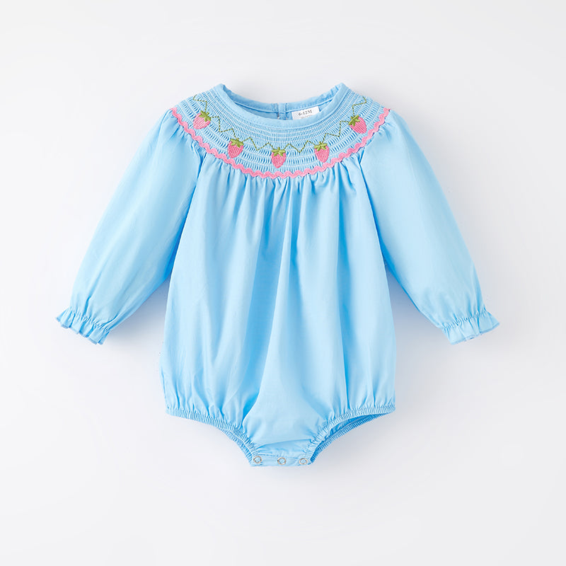(In Stock)Baby Girls Spring Strawberry Embroidery Smocked Romper