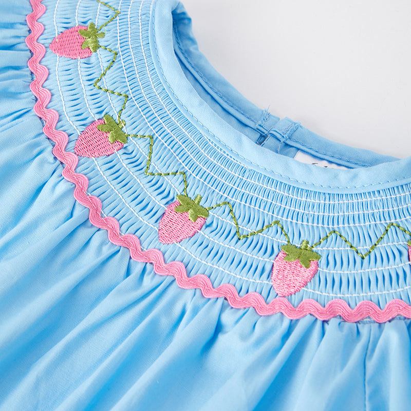 (In Stock)Baby Girls Spring Strawberry Embroidery Smocked Romper