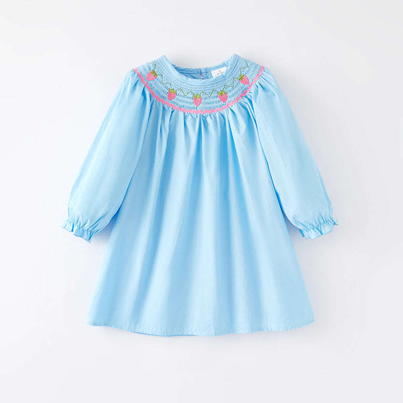 (In Stock)Girls Spring Strawberry Embroidery Smocked Dress