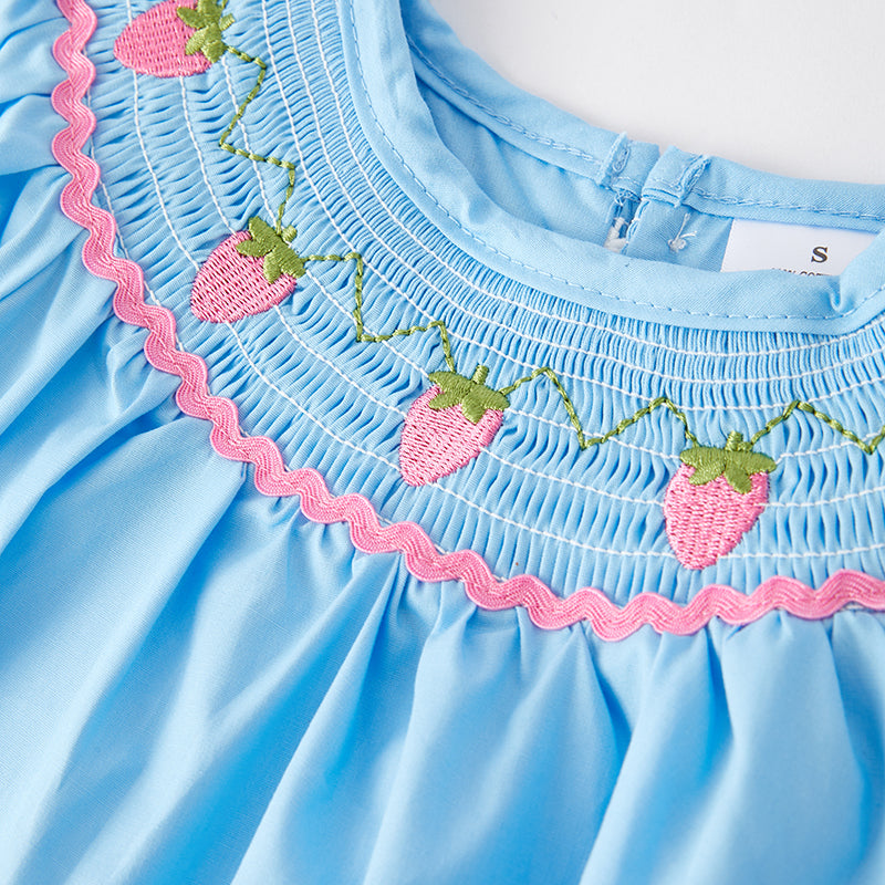 (In Stock)Girls Spring Strawberry Embroidery Smocked Dress