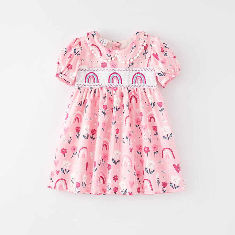 (In Stock Q7-5-1)Girls Spring and Summer Rainbow Embroidery Smocked Dress