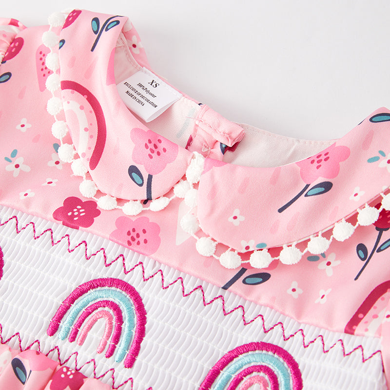 (In Stock)Girls Spring and Summer Rainbow Embroidery Smocked Dress