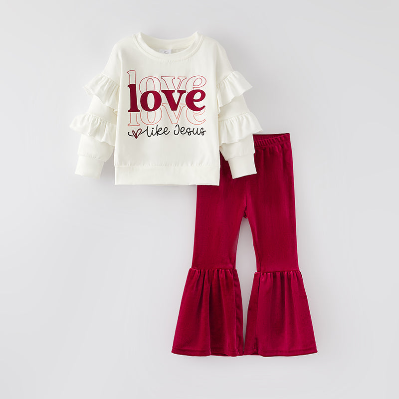 (In Stock)Girls Valentine's Day Print Top Velvet Pants Set