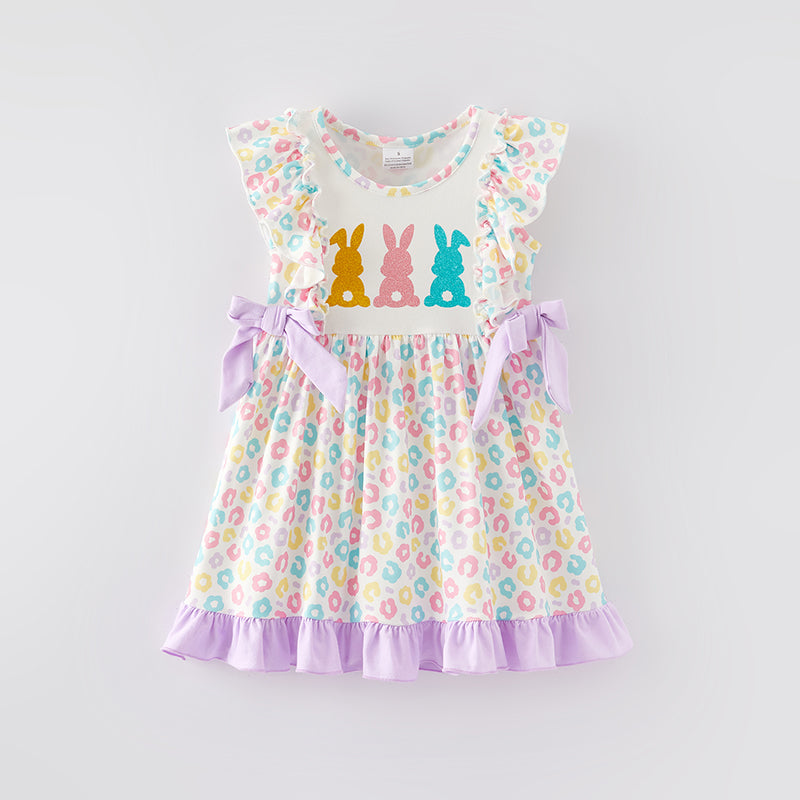 (In Stock)Girls Easter Shiny Bunny Print Dress