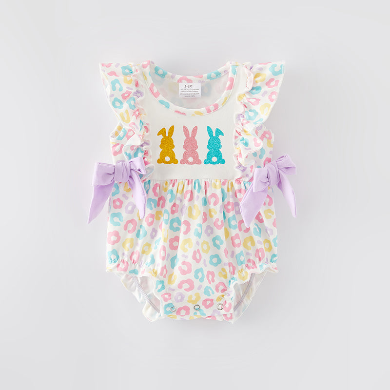 (In Stock)Baby Girls Easter Shiny Bunny Print Romper