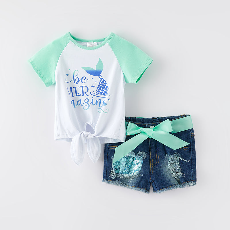 (In Stock)One Pack(8 Pieces total) Sale Girls Spring and Summer Mermaid Print Denim Shorts Set