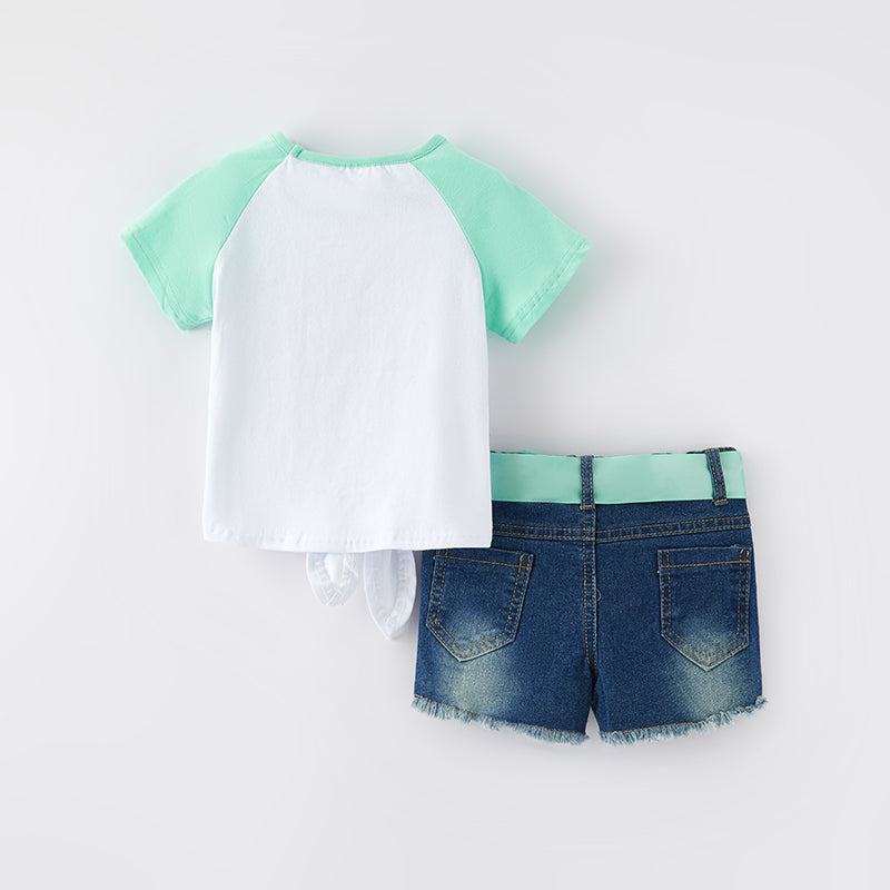 (In Stock)One Pack(8 Pieces total) Sale Girls Spring and Summer Mermaid Print Denim Shorts Set