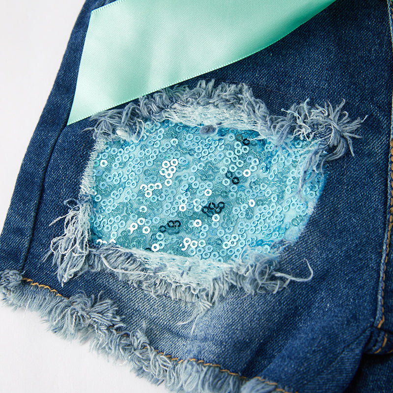 (In Stock)One Pack(8 Pieces total) Sale Girls Spring and Summer Mermaid Print Denim Shorts Set