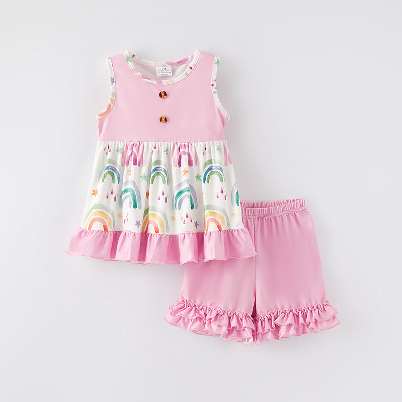 (In Stock)Girls Spring and Summer Rainbow Print Shorts Set