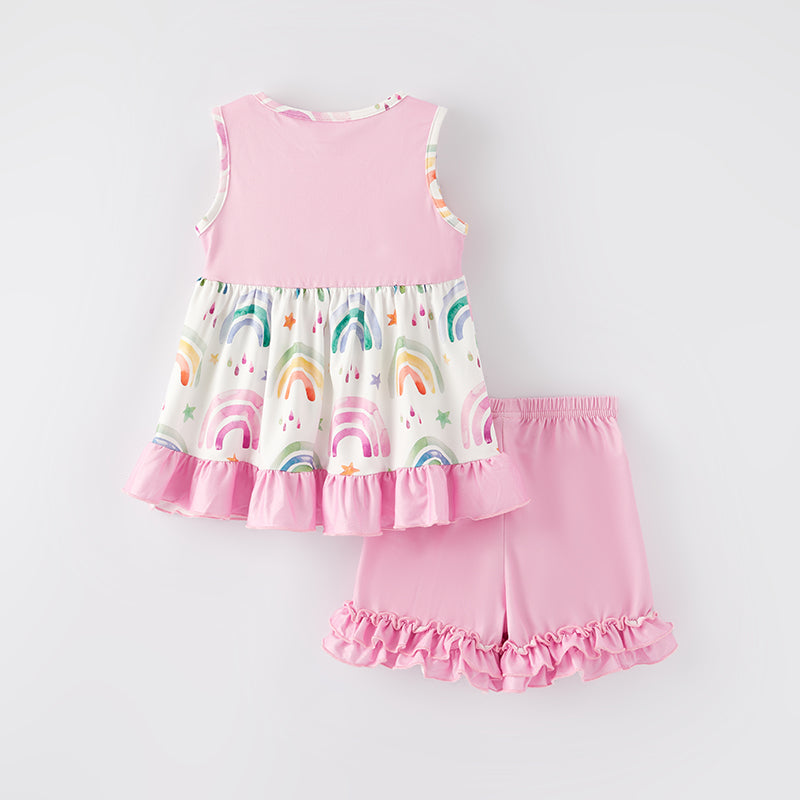 (In Stock)Girls Spring and Summer Rainbow Print Shorts Set