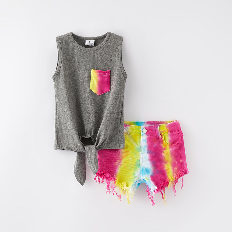 (In Stock)Girls Spring and Summer Rainbow Denim Shorts Set