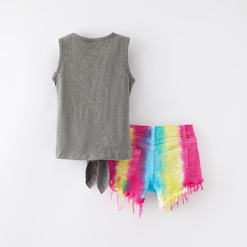 (In Stock)Girls Spring and Summer Rainbow Denim Shorts Set