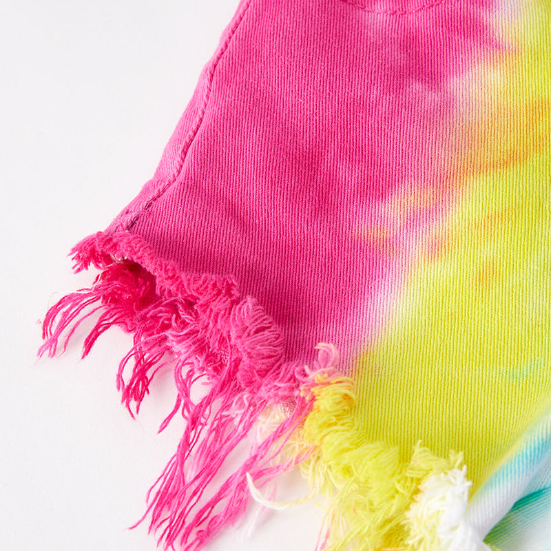 (In Stock)Girls Spring and Summer Rainbow Denim Shorts Set