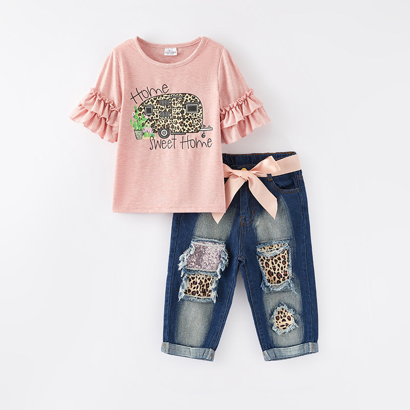 (In Stock)One Pack(3 Pieces total) Sale Girls Spring Truck Print Denim Set