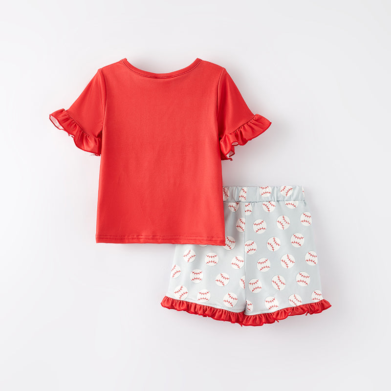 (In Stock)Girls Spring and Summer Baseball Print Shorts Set