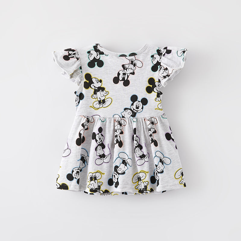 (In Stock)Girls Spring and Summer Cartoon Print Flying Sleeves Dress