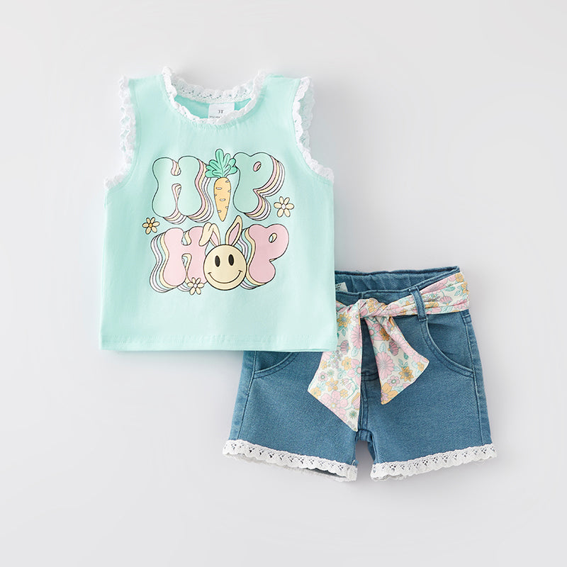 (In Stock)Girls Easter Bunny Hip Hop Print Denim Set