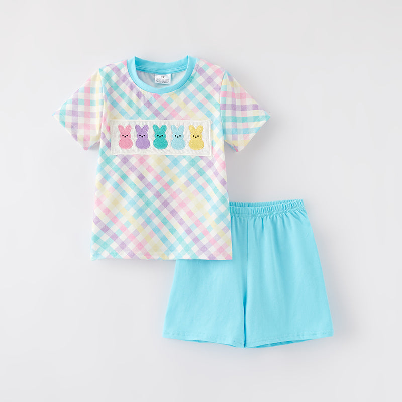 (In Stock)Boys Easter Bunny Embroidery Smocked Shorts Set