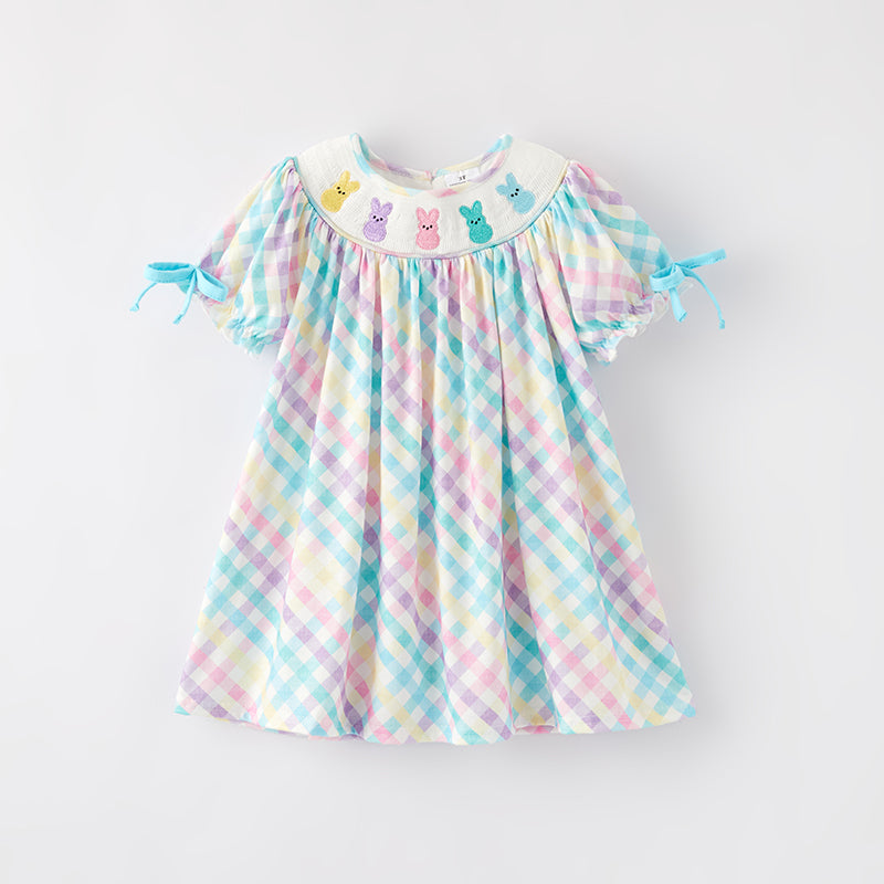 (In Stock)Girls Easter Bunny Embroidery Smocked Dress