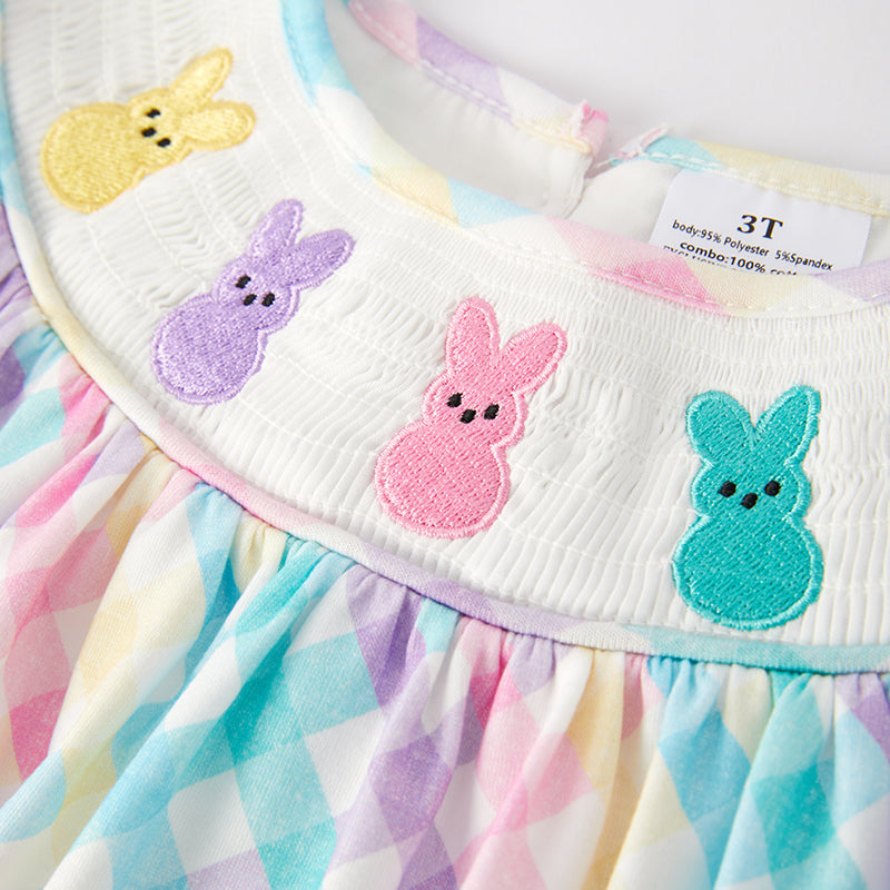 (In Stock)Girls Easter Bunny Embroidery Smocked Dress