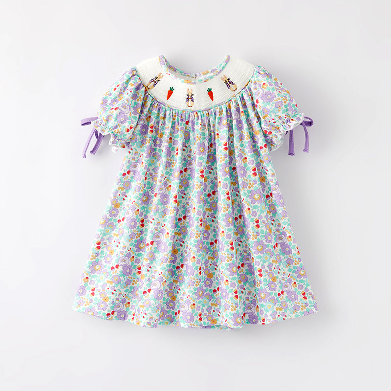 In Stock）Girls Easter Bunny Embroidery Smocked Dress