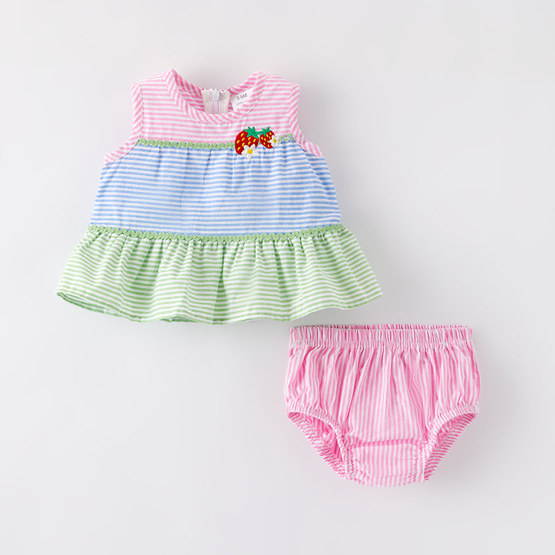 (In Stock)Toddler Girls Spring and Summer Strawberry Embroidery Cotton Bloomer Set
