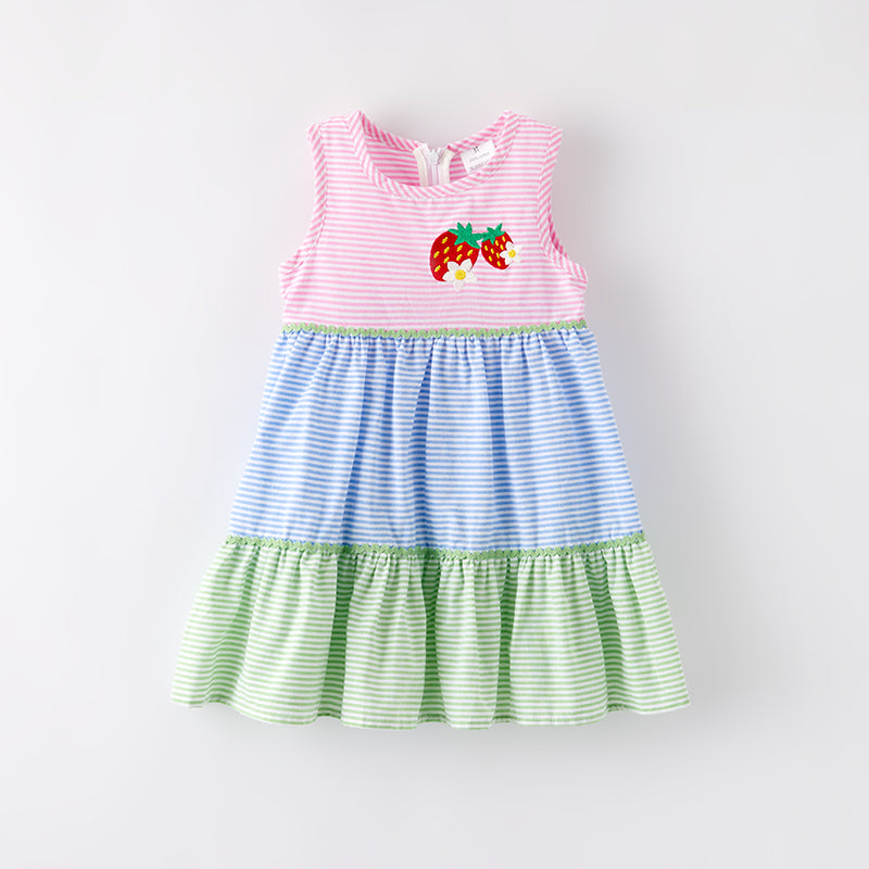 (In Stock)Girls Spring and Summer Strawberry Embroidery Cotton Dress