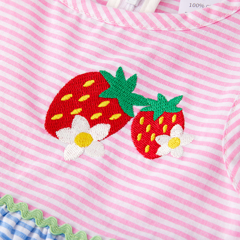 (In Stock)Girls Spring and Summer Strawberry Embroidery Cotton Dress