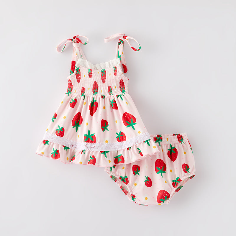 (In Stock)Toddler Girls Spring and Summer Strawberry Print Smocked Bloomer Set