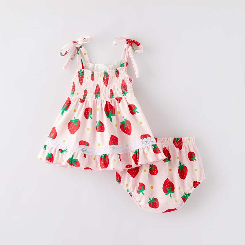 (In Stock)Toddler Girls Spring and Summer Strawberry Print Smocked Bloomer Set