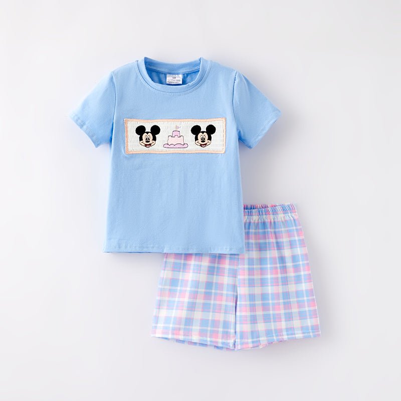 (In Stock)Boys Spring and Summer Cartoon Embroidery Smocked Shorts Set