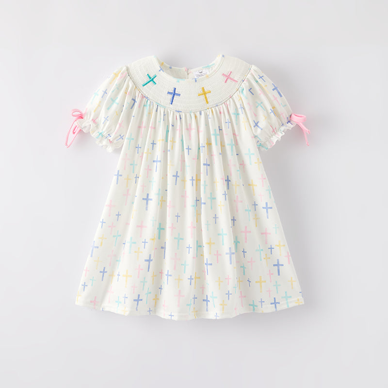 (In Stock)Girls Easter Cross Embroidery Smocked Dress