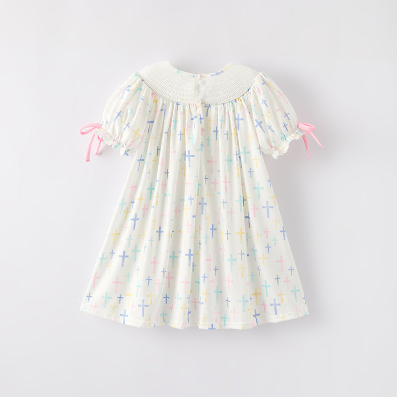 (In Stock)Girls Easter Cross Embroidery Smocked Dress