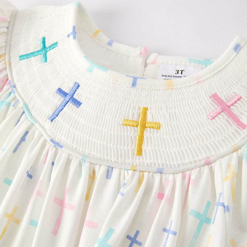 (In Stock)Girls Easter Cross Embroidery Smocked Dress