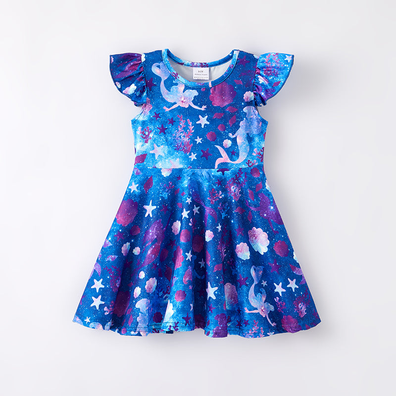 (In Stock)Girls Spring and Summer Mermaid Print Dress