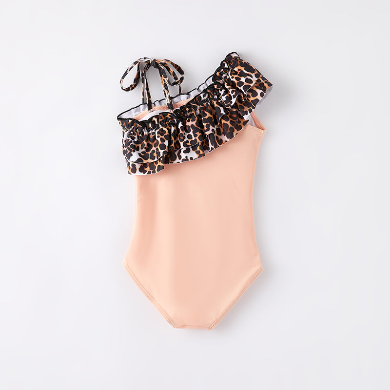 (In Stock)Mommy and Me Summer Leopard Print Oblique Shoulder Swimsuit