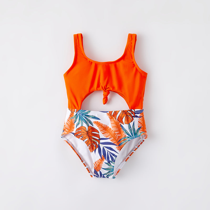 (In Stock)Mommy and Me Summer Floral Print Orange Swimsuit