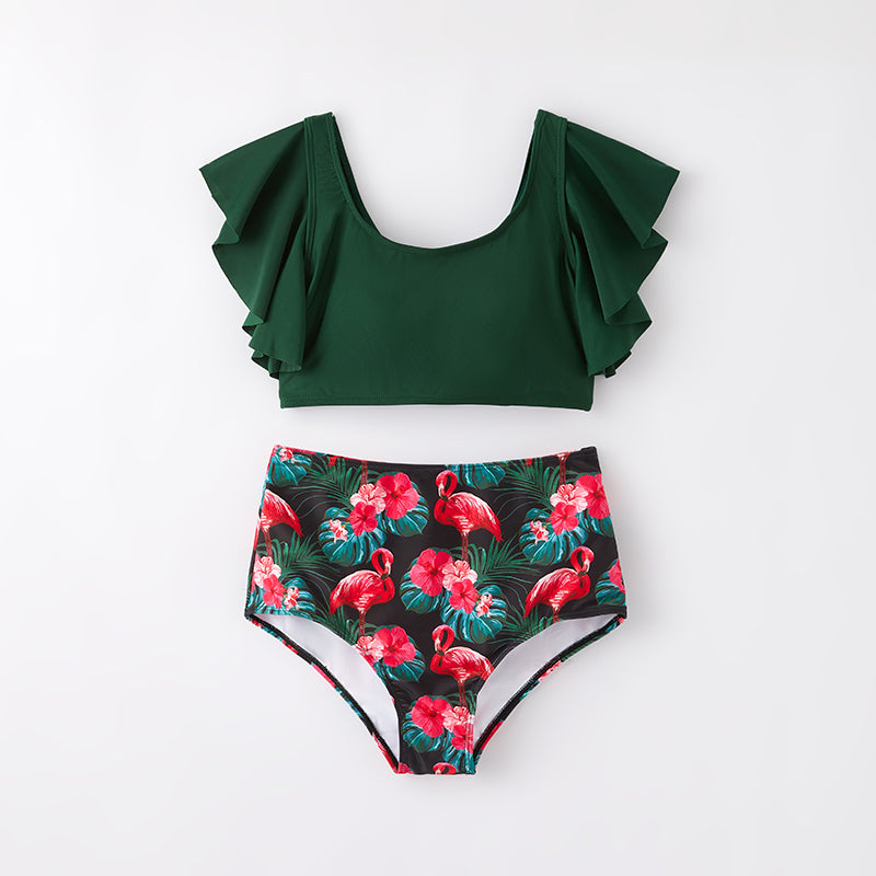 (In Stock)Mommy and Me Summer Flamingo Print Dark Green Swimsuit