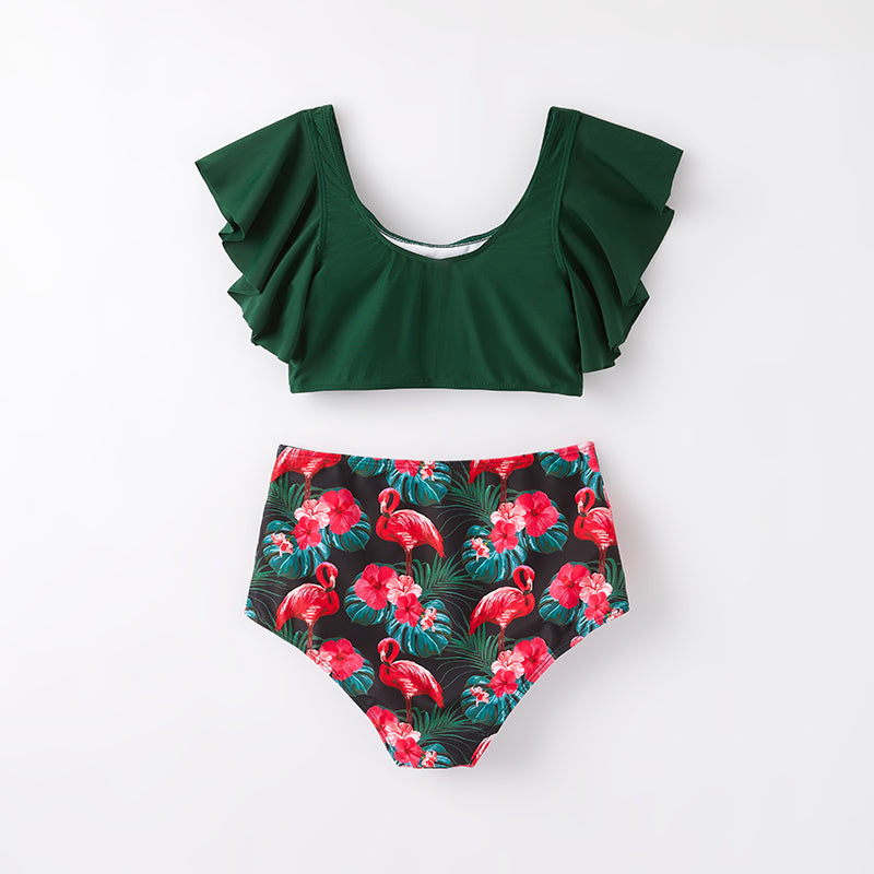 (In Stock)Mommy and Me Summer Flamingo Print Dark Green Swimsuit