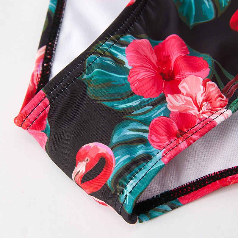 (In Stock)Mommy and Me Summer Flamingo Print Dark Green Swimsuit