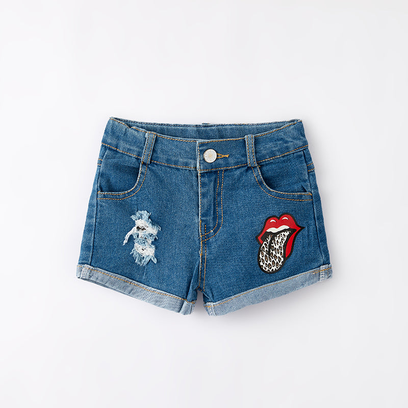 (In Stock)Girls Summer Red Lip Print Denim Shorts