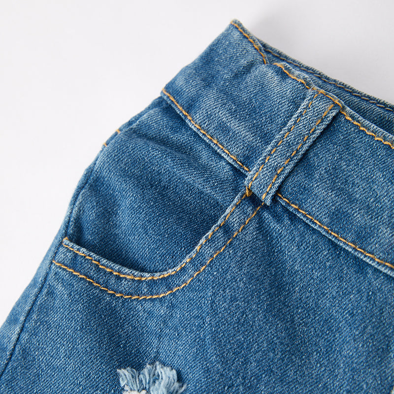 (In Stock)Girls Summer Red Lip Print Denim Shorts