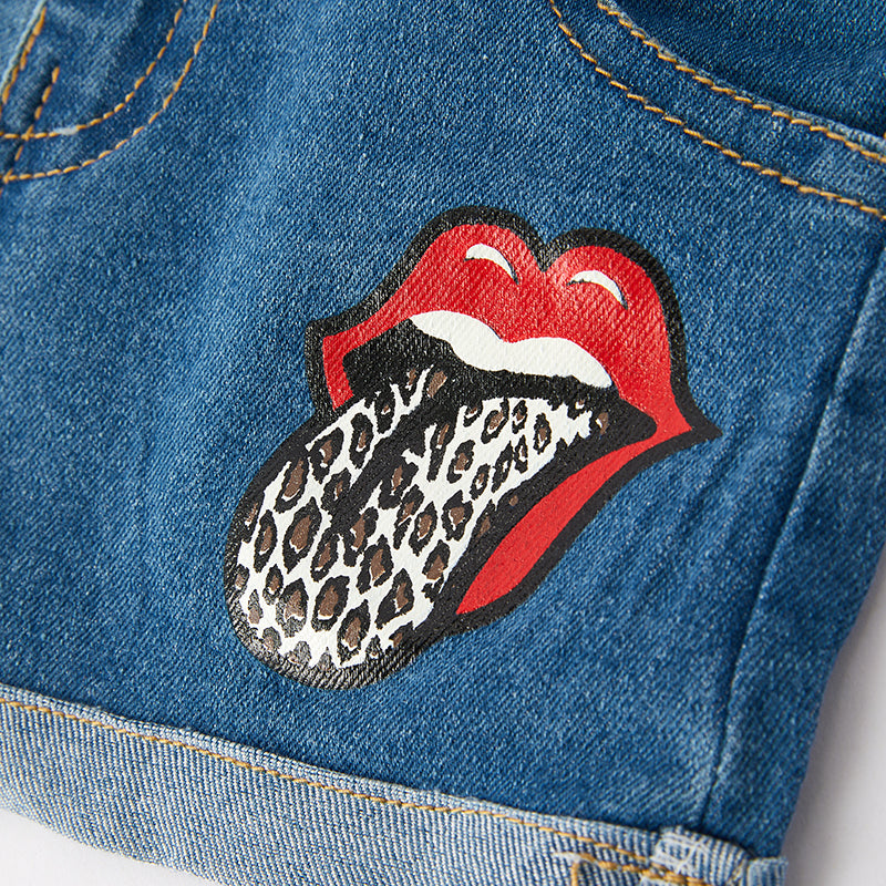 (In Stock)Girls Summer Red Lip Print Denim Shorts