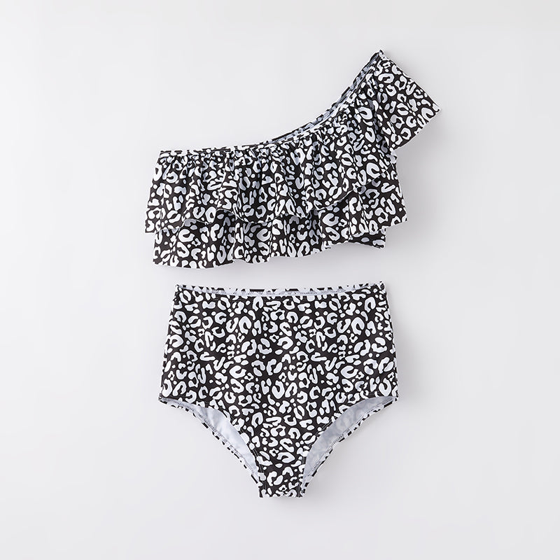 (In Stock)Mommy and Me Summer Leopard Print Oblique Shoulder Swimsuit